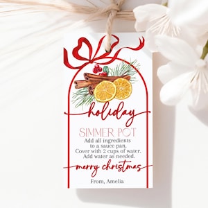May include: A white gift tag with a red ribbon and the word "holiday" in script. The tag features a watercolor illustration of cinnamon sticks, orange slices, and greenery. Text on the tag reads "SIMMER POT" and instructions for use. The words "merry christmas" are also included.