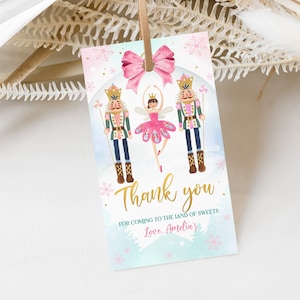 Etiquetas de lembrança de aniversário quebra-nozes, etiquetas de agradecimento para chá de bebê de Natal e inverno, etiquetas de presente de balé de fada rosa com açúcar e ameixa para impressão BS75P BT89P