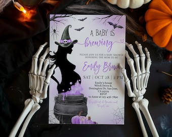May include: Purple and black Halloween baby shower invitation featuring a witch silhouette brewing a potion in a cauldron. The text reads "A Baby Is Brewing" and "Emily Brown".