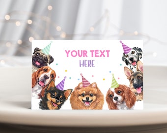 May include: A printable card with a white background and colorful confetti. The card features seven dogs wearing party hats. The text "YOUR TEXT HERE" is in pink letters.
