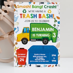 Garbage Truck Birthday Invitation Party Invites Dump Everything Recycling Trash Bash Theme Green Boy Kids EDITABLE Printable Template BTD073