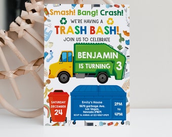 Peut inclure: Une invitation colorée pour une fête d'anniversaire d'enfant. L'invitation représente un camion à ordures vert avec les mots "Smash! Bang! Crash! We're having a Trash Bash!" et "Benjamin a 3 ans". L'invitation comprend également une poubelle rouge et une poubelle bleue.