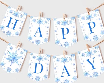 Striscione di compleanno con fiocco di neve Ghirlanda invernale Onederland Decorazione per festa di primo compleanno per bambini Paese delle meraviglie invernale Neve Stampabile MODIFICABILE Accessorio fotografico AT19B