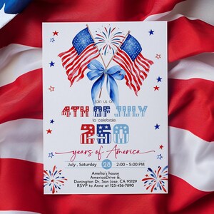 May include: A white invitation card with watercolor illustrations of American flags, fireworks, and stars. The text reads "4th of July" and "250 years of America", with event details including the date, time, and location. The card is set against a backdrop of the American flag.