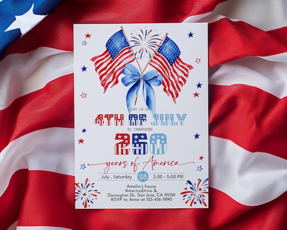 4th of July Party Invitation, America 250th Anniversary Celebration Invite, USA Patriotic Independence Day Red White Blue Bow EDITABLE CT22R