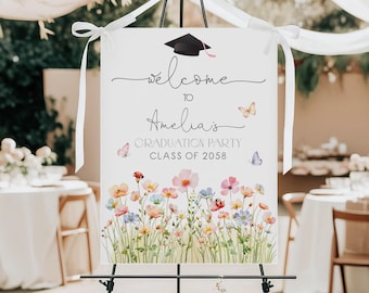 Wildflower Graduation Welcome Sign Spring Flowers Butterfly Boho Floral Grad Party Decor High School College Graduate Poster Printable HL92P