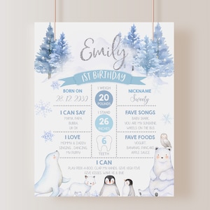 Panneau jalon hiver Onederland signe pays des merveilles garçon fille 1er anniversaire affiche ours polaire fête décor animaux de l'Arctique animaux de la forêt MODIFIABLE BT46B