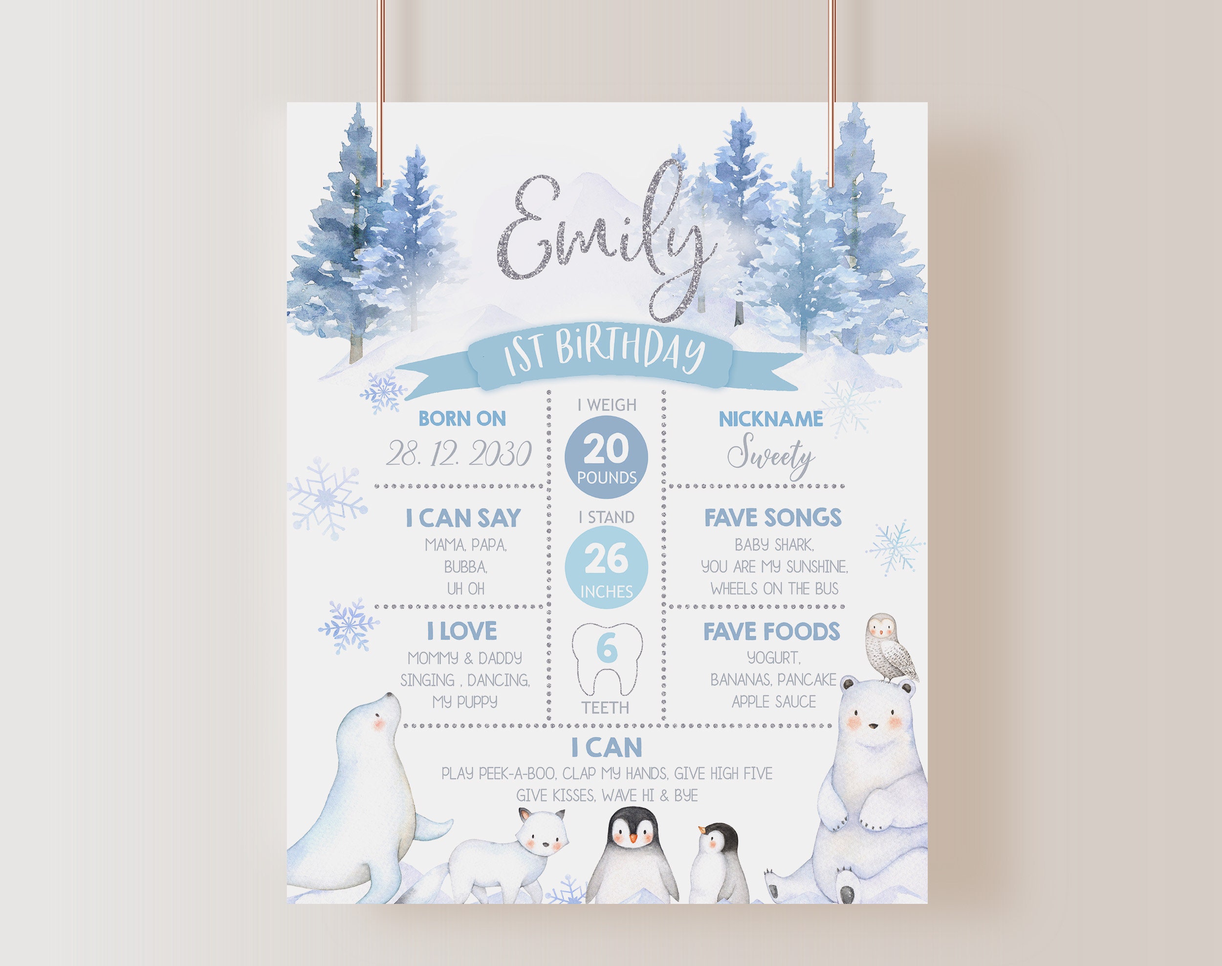 Winter Onederland Meilensteintafel Wunderland Junge Mädchen 1
