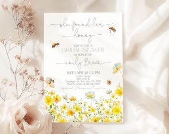 Bee Bridal Shower Invitation She Found Her Honey Wedding Shower Invite Yellow Floral Spring Flowers Wildflower Bride To Bee EDITABLE BR12Y