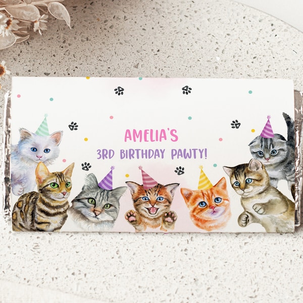 Cat Birthday Chocolate Wrapper Kitten Adoption Candy Bar Label 1.55oz Girl Kitty Party Favors Printable Animal Decoration Template BT80