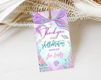 Etiketter för sjöjungfrubabyshower under havet födelsedagspresentetiketter prinsessa magisk lila blågrön guldfärgad tacketiketter utskrivbara BS37V BT48V