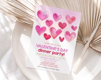 May include: A pink and white watercolor invitation with a heart design. The invitation is for a Valentine's Day dinner party hosted by Amelia and Damel. The party is on Saturday, February 14th from 5:00 PM to 8:00 PM at Amelia's house. The address is 5678 Sweet Heart Ave., Las Vegas, Nevada 89109. RSVP to Anna at 123-4567-8909.