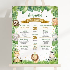 Cartel de hito de cumpleaños de safari, animales de la selva, niño salvaje, fiesta, póster, animales del zoológico, globos tropicales, decoración, dorado, verde, editable, BT96G
