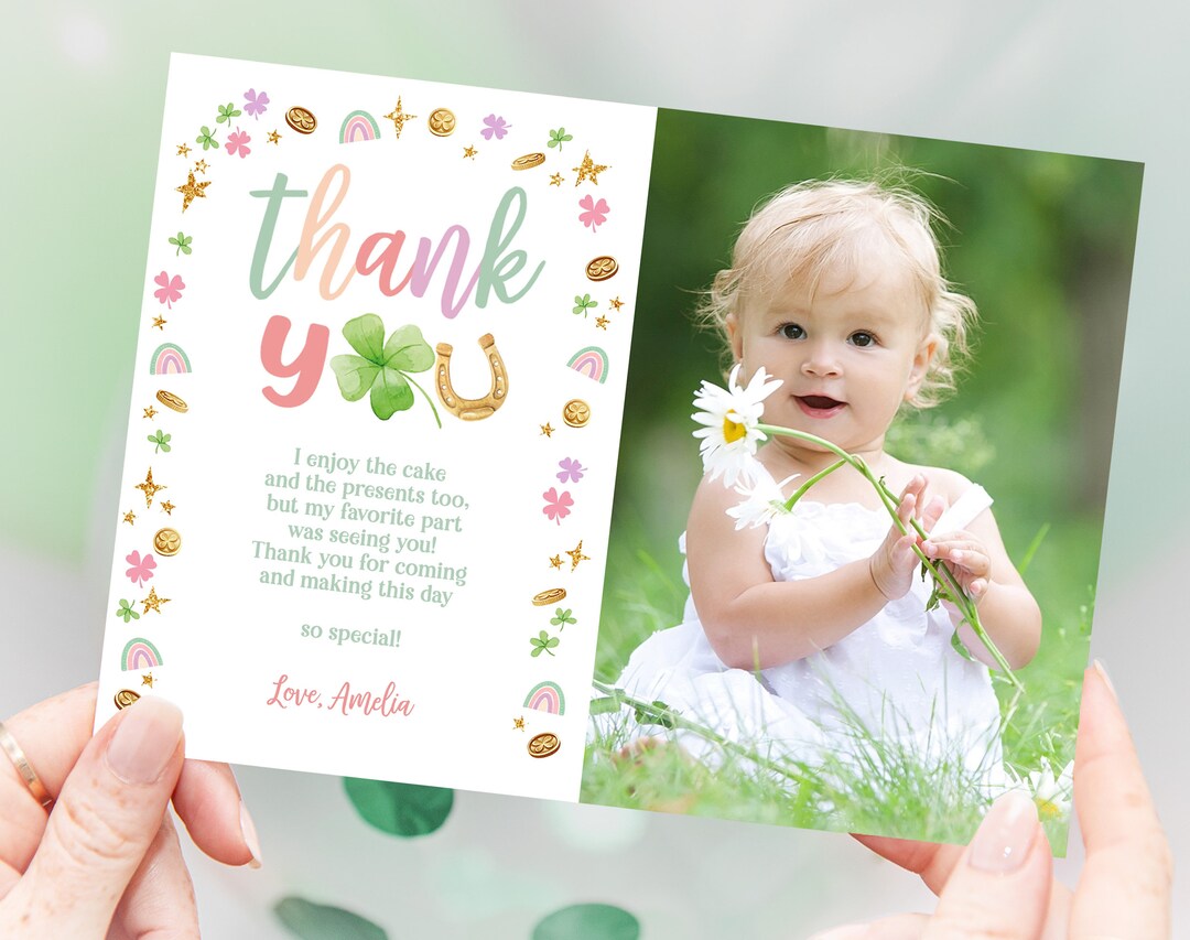 St Patricks Day Birthday Photo Thank You Card Lucky One Birthday Girl ...