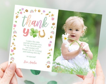 St Patricks Day Birthday Photo Thank You Card Lucky One Birthday Girl Thank You Note Shamrock Rainbow Four Leaf Clover Party Printable BT95P