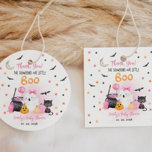 ハロウィン ベビーシャワー サンキューステッカー 秋の記念品タグ ゴースト リトルブー トリートバッグタグ ギフトラベル 円形 正方形 編集可能 印刷可能 BBS029