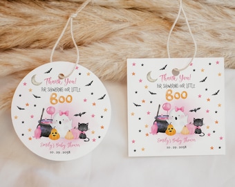 Halloween babyshower tackklistermärken höstgåvoetiketter spöke lilla bu godispåse etiketter presentetiketter cirkel fyrkant REDIGERINGSBAR utskrivbar BBS029
