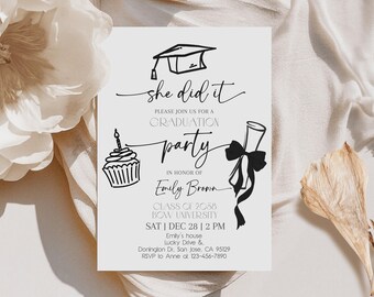 Hand Drawn Graduation Party Invitation She Did It Grad Party Invite Minimalist High School College Graduate Announcement EDITABLE HL91K