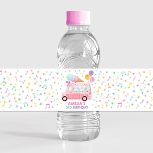 Etiqueta para botella de agua con forma de camión de helados, decoración para fiesta de primer cumpleaños de niña, etiquetas para bebidas para fiestas de verano, Two Sweet One Here's the Scoop, imprimible BT69P