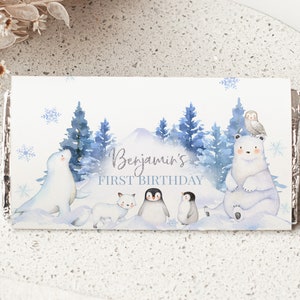 Winter Onederland Chocolate Wrapper Wonderland Candy Bar Label Boy 1st Birthday Party Decor Arctic Animals Woodland 1.55oz Printable BT46B