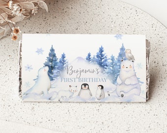 Winter Onederland Chokladpapper Underlandet Chokladkaka Etikett Pojke 1-års Födelsedagsfest Dekor Arktiska Djur Skogsmark 1,55 oz Utskrivbar BT46B