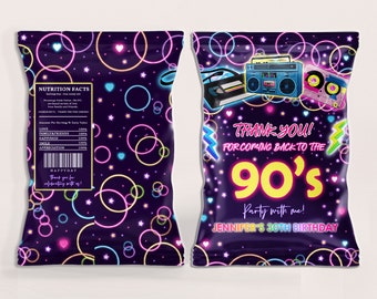 90er Party Chipsbeutel Etiketten 40. Geburtstag Dekor 80er Retro Rückseite 1990er Throwback Neon Glow Disco Dance Hip Hop Snack Leckerli Beutel Printable BT49