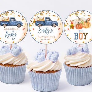 Adornos para cupcakes con forma de camión de calabaza, decoración para baby shower de otoño, hojas de calabaza azules, etiquetas para postres de género neutro, imprimibles BS28B