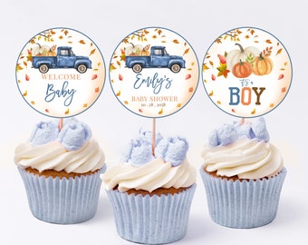 Little Pumpkin Truck Cupcake Toppers Fall Baby Shower Decor Blue Pumpkin Patch Autumn Leaves Gender Neutral Dessert Labels Printable BS28B