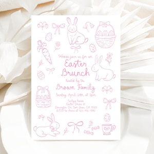 Zaproszenie na wielkanocny brunch i polowanie na jajka Doodle, rysowane ręcznie zaproszenie na przyjęcie z królikiem, ręcznie pisane bazgroły, fantazyjne różowe koszyki z króliczkami, EDYTOWALNE HL82P