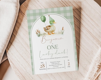 One Lucky Duck Birthday Invitation, Green Gingham Mallard Invite, Boy 1st Bday, Watercolor Balloon and Party Hat Silly Goose EDITABLE CT14G