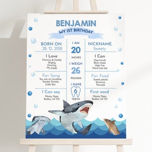 Letrero de hito de cumpleaños de tiburón, decoración para fiesta de cumpleaños de niño, póster de fiesta en la piscina bajo el mar, fiesta de verano con ataque de tiburones, editable BT28