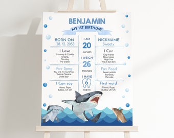 Shark Birthday Milestone Board Sign Boy Birthday Party Decor Under the Sea Ocean Pool Party Poster Sharks Attack Summer Party EDITABLE BT28