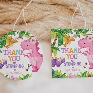 Etiquetas de regalo de dinosaurio para baby shower, decoración para fiesta de primer cumpleaños de niña, lindas etiquetas de recuerdo de dinosaurio, etiquetas de agradecimiento de animales de la selva imprimibles BS38P BT16P