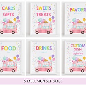Puede incluir: Un juego de seis letreros de mesa de 20x25 cm con una ilustración de un camión de helados rosa con globos coloridos, notas musicales y confeti. Los letreros muestran el texto CARDS and GIFTS, SWEETS and TREATS, FAVORS, FOOD, DRINKS y CUSTOM SIGN.