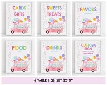 Ice Cream Truck Birthday Table Sign Set, Here's the Scoop Poster Bundle, Two Sweet One Girl Pink Mint Summer Party Decor Printable BT69P