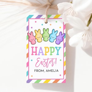 Wesołych Świąt Wielkanocnych Tagi Peeps Bunny Tagi na prezenty Dzieci Przedszkole Szkoła Nauczyciel Klasa Klasa Przyjaciel Kosz na smakołyki Tag Pastelowa tęcza Do druku HL87P
