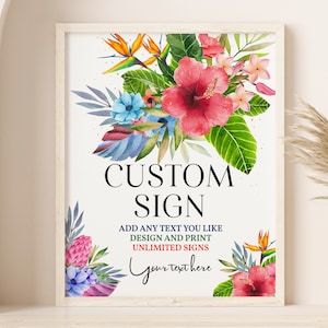 Letrero personalizado para cumpleaños de Luau, letrero para mesa de baby shower Aloha, decoración para fiesta tropical hawaiana de verano, póster de hibisco floral rosa, editable BS09R AT29R