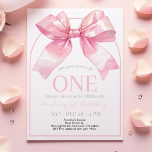 Pink Bow Birthday Invitation Soft Pastel Pink Ribbon Coquette Girl First Birthday Party Invite Watercolor Elegant Blush One EDITABLE AT46P