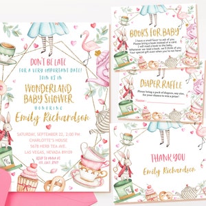 Alice in Wonderland Baby Shower Bundle Mad Hatter Tea Party Invitation Suite Girl Baby Shower Invite Pink Gold Baby Sprinkle EDITABLE BS11W