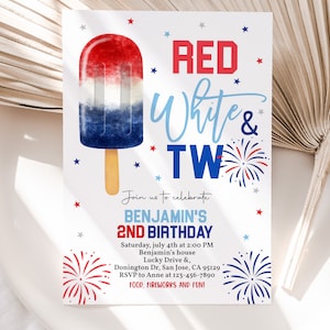 Red White and Two Birthday Invitation 4th of July Patriotic 2nd Birthday Invite Fourth of July Independence Day Popsicle Party EDITABLE HL29