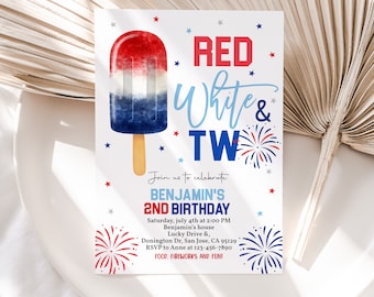 Red White and Two Birthday Invitation 4th of July Patriotic 2nd Birthday Invite Fourth of July Independence Day Popsicle Party EDITABLE HL29