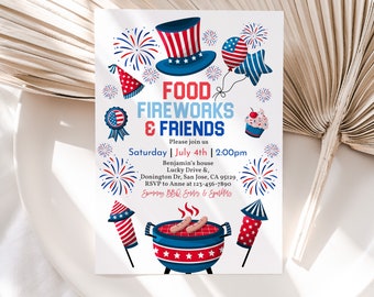 4th of July BBQ Invitation Independence Day Barbeque Party Invite Patriotic Fourth of July Food Fireworks Friends Grill Summer EDITABLE HL29