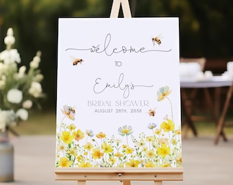 Bee Bridal Shower Welcome Sign She Found Her Honey Wedding Shower Party Decor Yellow Flowers Wildflower Bride To Bee Poster EDITABLE BR12Y