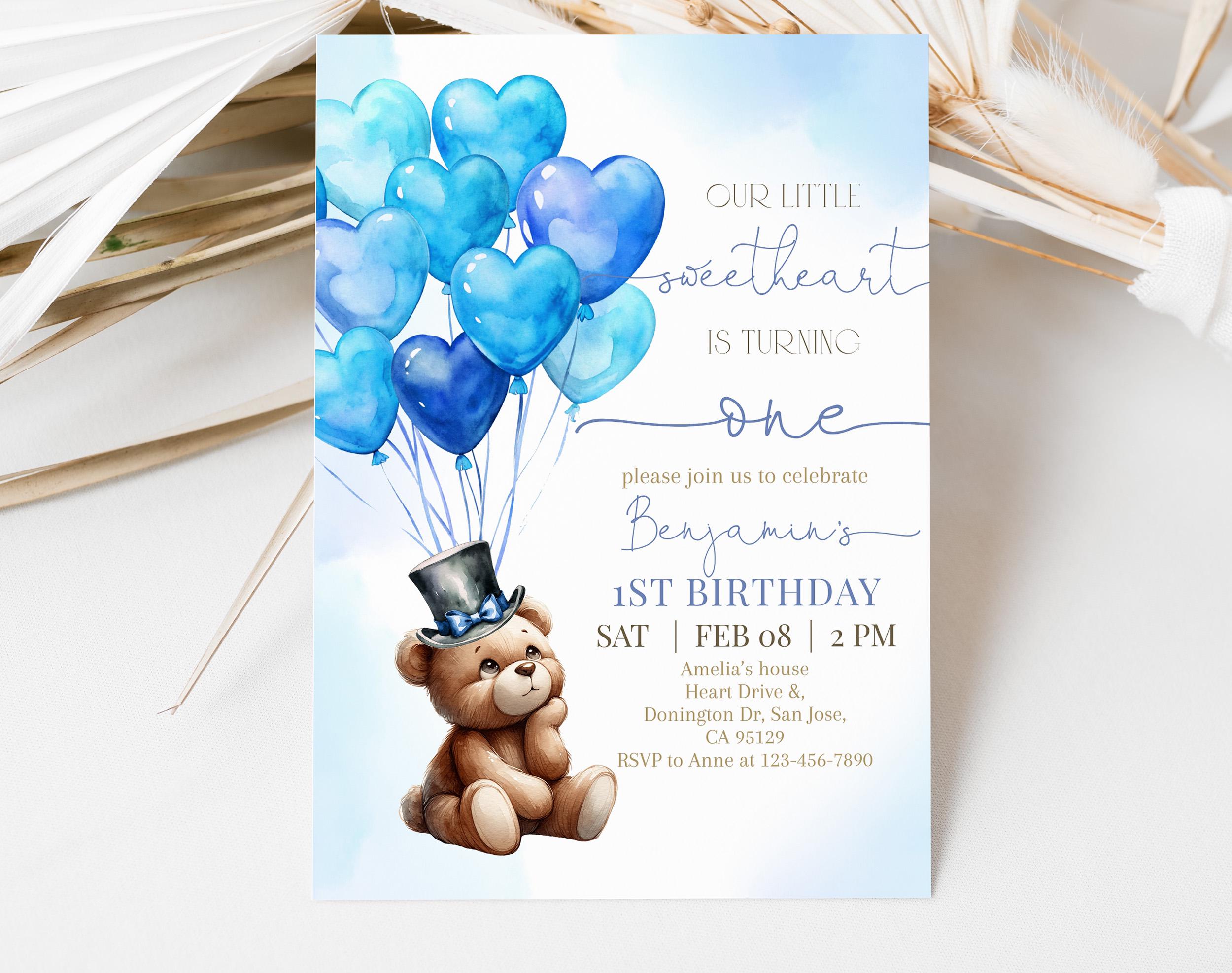 Teddy Bear Birthday Invitation Valentines Day Boy Blue Balloon Hearts ...