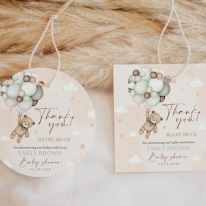 Etiquetas de agradecimiento con forma de osito de peluche, etiquetas de regalo para baby shower de otoño, etiquetas de regalo para fiesta de cumpleaños de niña estilo bohemio, pegatinas de color verde salvia, plantilla imprimible BS21G BT81G