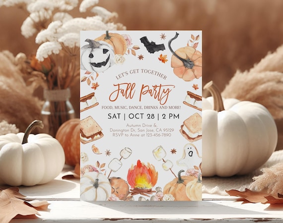 Halloween Fall Party Invitation Autumn Harvest Party Invite Backyard Camping Bonfire S'more Campfire Festival Friendsgiving EDITABLE HL47O