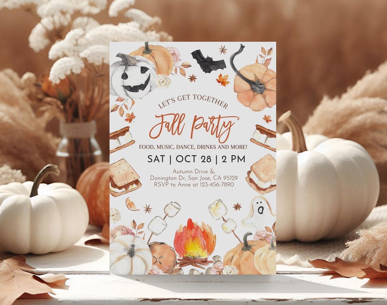 May include: Fall party invitation with a watercolor illustration of pumpkins, bats, s'mores, and a campfire. The text reads "Let's get together Fall party" and includes details about the event, including the date, time, location, and RSVP information.