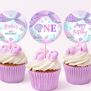 Décoration de fête d'anniversaire fille 1er anniversaire sirène princesse magique violet sarcelle or queue dessert étiquettes imprimables BT48V