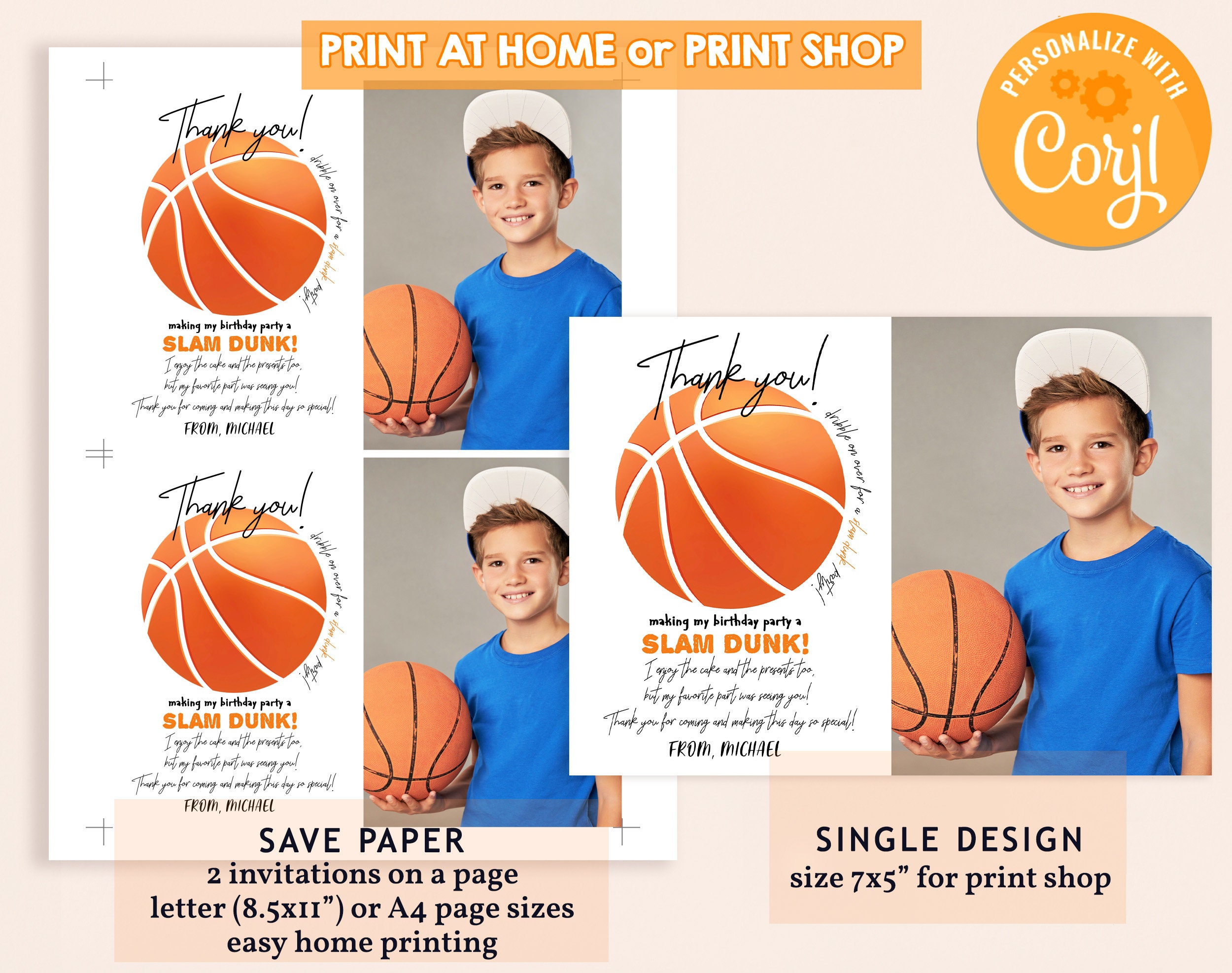 Basketball Photo Thank You Card Boy Girl Birthday Party Sports Team All ...