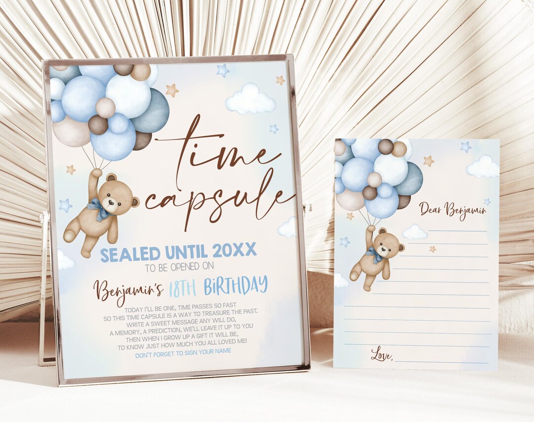 Teddy Bear Time Capsule Sign Beary First Boy 1st Birthday Party Decor ...